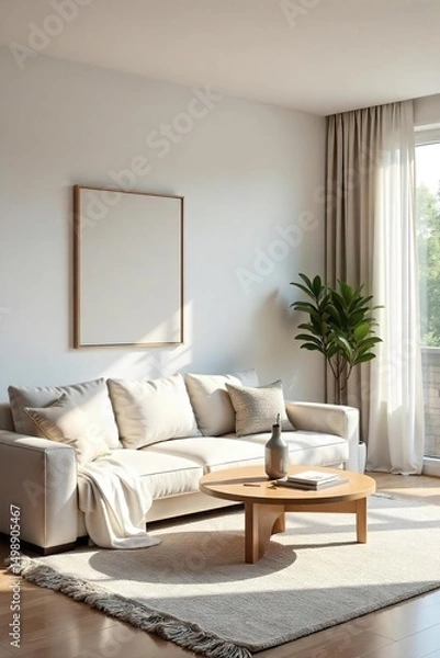 Obraz Serene minimalist living room featuring a neutral palette, clean lines, and natural light  Simple furniture and decor create a calm and spacious atmosphere ,  simple,  spacious