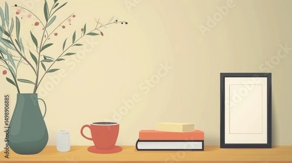 Fototapeta Simple Home Decor With Coffee, Books, Vase of Flowers and a Picture Frame on a Wooden Shelf Against a Beige Wall.
