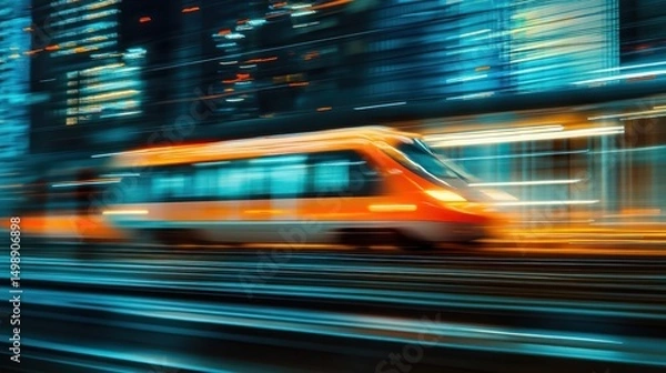 Fototapeta High-Speed Rail Journey Through the Cityscape at Night with Motion Blur