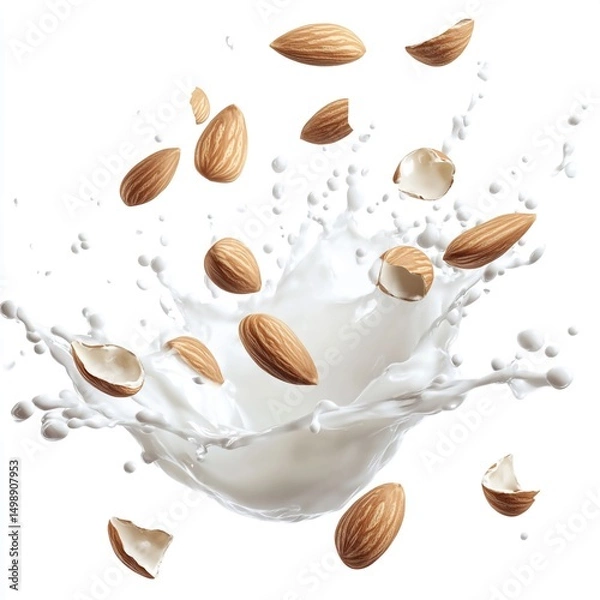 Obraz Fresh almonds and creamy milk splash with isolated white background healthy food concept