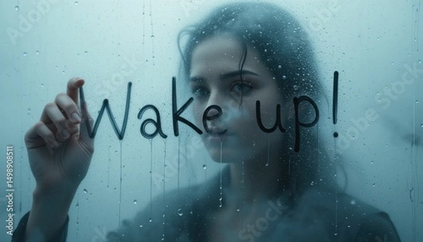 Fototapeta Young Woman Writing on Foggy Window with the Words "Wake Up!"