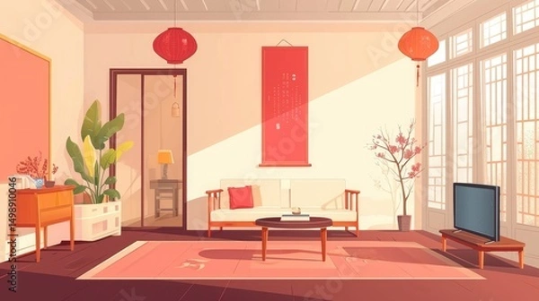 Fototapeta Serene Asian-style living room with a calming color palette and traditional decor elements such as red lanterns