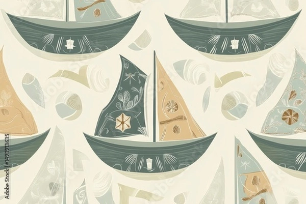 Obraz stylized fishing boats with Ukrainian vyshyvanka motifs on sails, minimal sage and cream color palette, repeat pattern