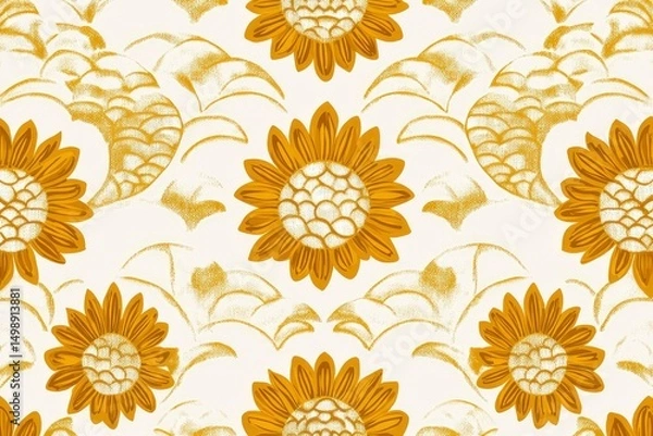 Obraz stylized sunflowers and fish scales blended into Ukrainian embroidery pattern, mustard yellow on off-white, vector seamless
