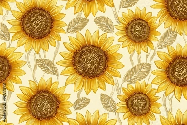 Obraz stylized sunflowers and fish scales blended into Ukrainian embroidery pattern, mustard yellow on off-white, vector seamless