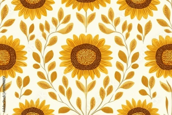 Obraz stylized sunflowers and fish scales blended into Ukrainian embroidery pattern, mustard yellow on off-white, vector seamless