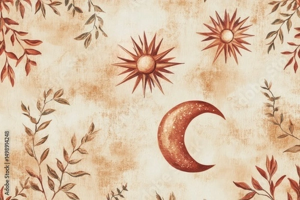 Obraz sun and moon symbols with plants, boho celestial pattern, earthy terracotta and soft beige