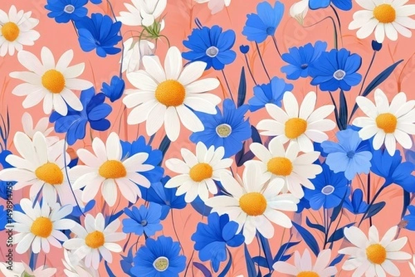 Obraz tenderness, field chamomile and blue flax flowers, Ukrainian naive folk style, pastel colors, vector pattern
