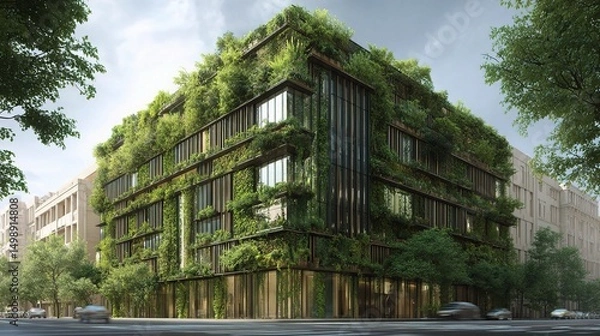 Fototapeta Stylish Corner Office Building with Vertical Greenery and Nature Elements
