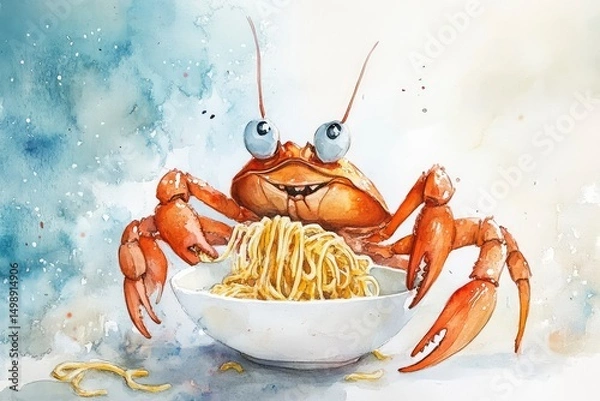 Obraz tiny sailor crab preparing spaghetti, watercolor childrenÃ¢â‚¬â„¢s illustration