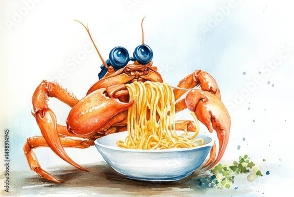 Obraz tiny sailor crab preparing spaghetti, watercolor childrenÃ¢â‚¬â„¢s illustration