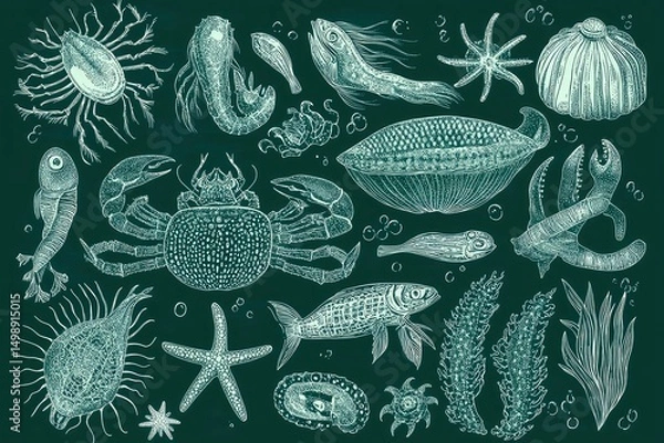 Obraz tiny sea creatures like sardines, crabs, and starfish combined with Ukrainian folk elements, hand-drawn in green line art