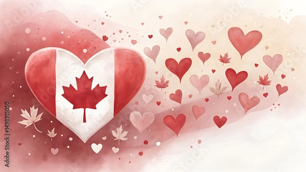 Fototapeta Watercolor heart background in soft red and white, symbolizing love for Canada, warm and affectionate with copy space  