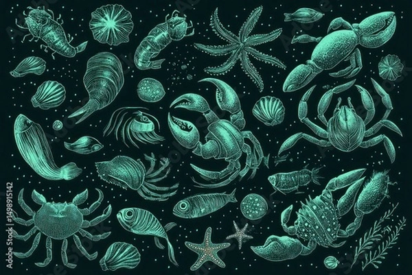 Obraz tiny sea creatures like sardines, crabs, and starfish combined with Ukrainian folk elements, hand-drawn in green line art