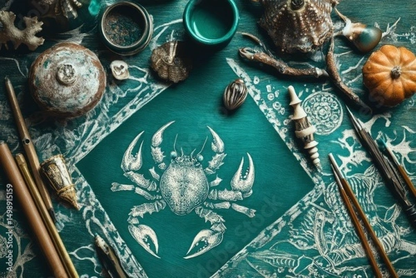 Obraz tiny sea creatures like sardines, crabs, and starfish combined with Ukrainian folk elements, hand-drawn in green line art