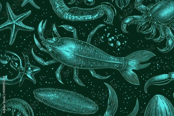 Obraz tiny sea creatures like sardines, crabs, and starfish combined with Ukrainian folk elements, hand-drawn in green line art