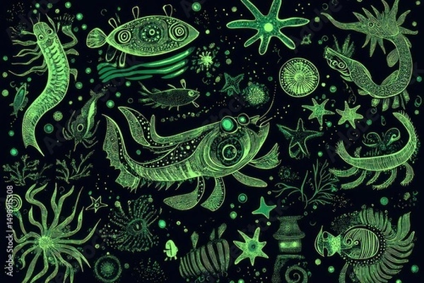 Obraz tiny sea creatures like sardines, crabs, and starfish combined with Ukrainian folk elements, hand-drawn in green line art