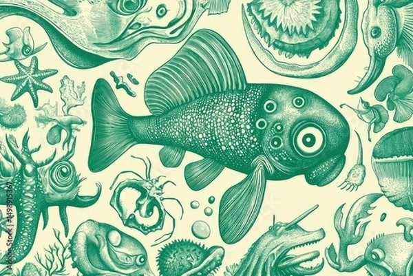 Obraz tiny sea creatures like sardines, crabs, and starfish combined with Ukrainian folk elements, hand-drawn in green line art