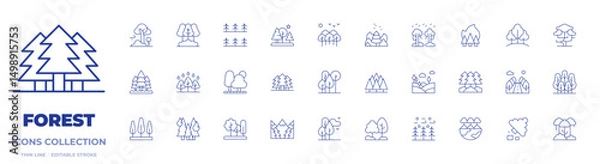 Obraz Forest icons collection. Thin Line icons, editable stroke. tree, deforestation, trees, rainforest, pine, landscape, burning, forest, nature, road, pines, wildfire