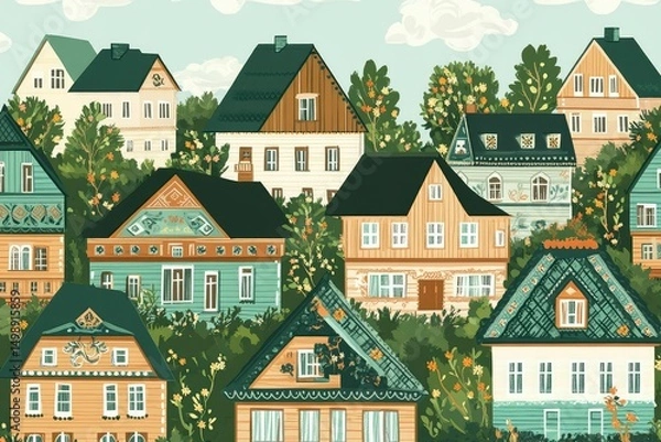 Obraz traditional wooden Ukrainian houses by the sea, stylized with sage green roofs and embroidered frames, seamless pattern