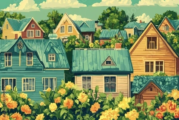 Obraz traditional wooden Ukrainian houses by the sea, stylized with sage green roofs and embroidered frames, seamless pattern