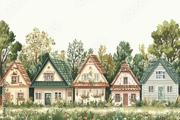 Obraz traditional wooden Ukrainian houses by the sea, stylized with sage green roofs and embroidered frames, seamless pattern