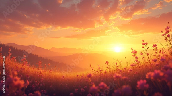 Fototapeta Sunrise in soft pastel orange and yellow, silhouette horizon with celebration elements, symbolizing hope and new beginnings with copy space  