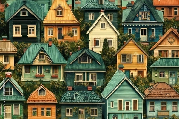 Obraz traditional wooden Ukrainian houses by the sea, stylized with sage green roofs and embroidered frames, seamless pattern