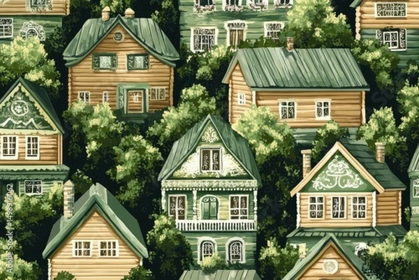 Obraz traditional wooden Ukrainian houses by the sea, stylized with sage green roofs and embroidered frames, seamless pattern