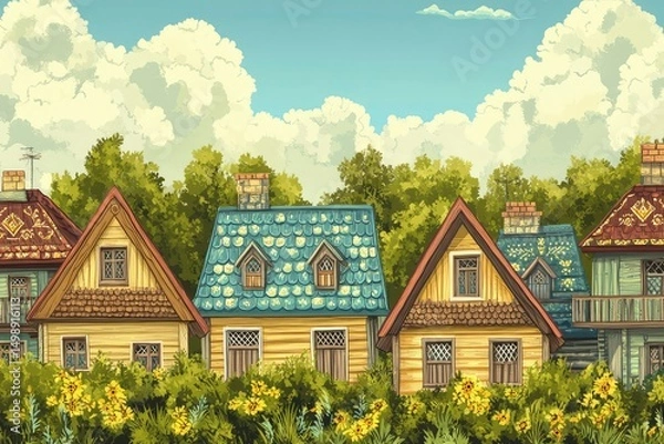 Obraz traditional wooden Ukrainian houses by the sea, stylized with sage green roofs and embroidered frames, seamless pattern