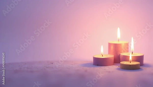 Fototapeta Glowing candles in soft pink and purple watercolor, symbolizing Hanukkah miracles, peaceful and reflective with copy space  