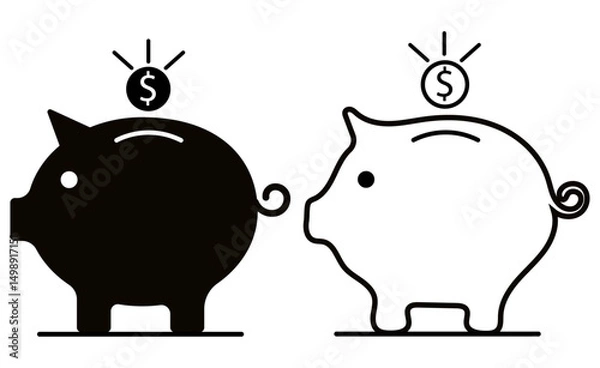 Fototapeta Piggy bank with coin icons in black flat and strokes