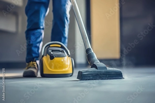Fototapeta Close up of male using a dust removal tool indoors for cleaning purposes in a tidy environment