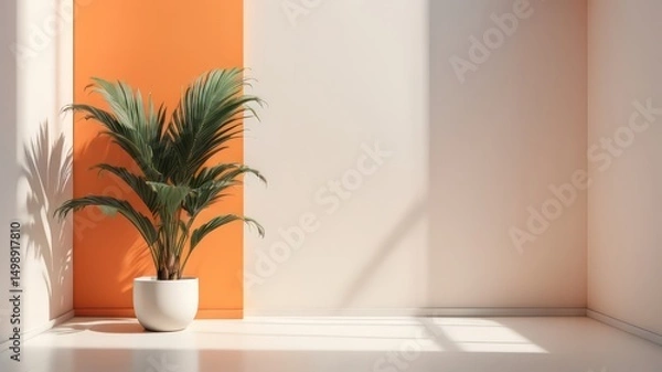 Fototapeta Plant in a white container displayed in a room with light reflecting on the neutral wall and orange accent
