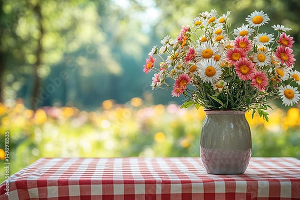 Fototapeta Mockup. Picnic table with checkered tablecloth and a vase with flowers on a summer background. Retro style. Copy space.