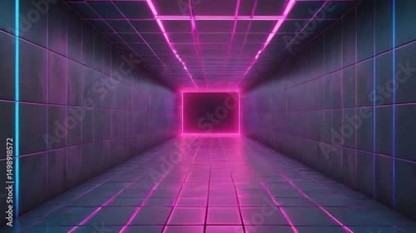 Fototapeta Neon Lined Corridor with Dark Tiled Walls Creates an Immersive Futuristic Perspective into a Dark Enclosed Space