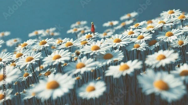 Fototapeta Surreal Field of Oversized Daisies with Tiny Figure Amidst Blooms