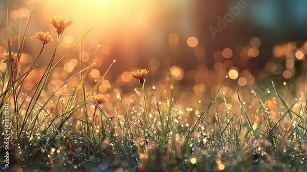 Fototapeta Sparkling Dewdrops in a Vibrant Spring Garden at Sunrise