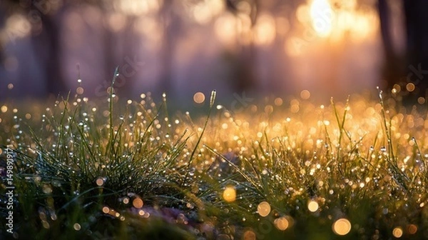 Fototapeta Dewy Spring Garden Sparkling with Morning Light and Fresh Grass