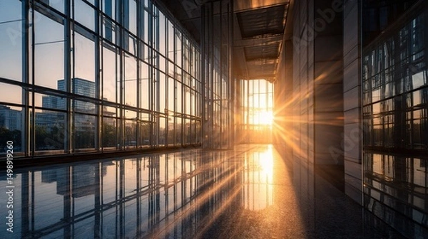 Fototapeta Golden Sunset Rays Filtering Through Large Glass Office Space