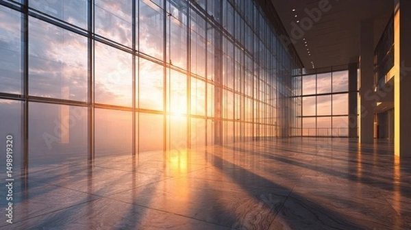 Fototapeta Stunning Sunset Rays Filtering Through Large Glass Office Space