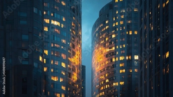 Fototapeta Modern High-Rise Buildings with Shimmering Windows at Dusk