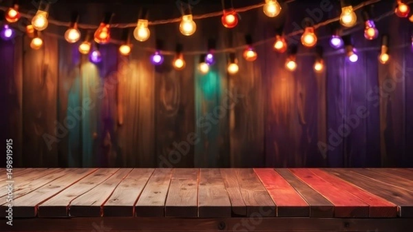 Fototapeta Rustic Wooden Table Surface Set Against a Colorful Wooden Wall Adorned with Festive String Lights, Perfect for Presentations