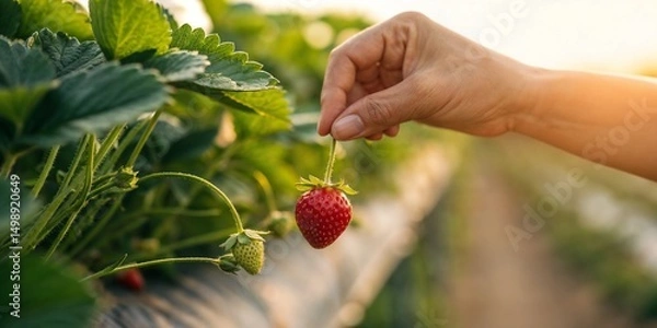 Obraz Hand picking ripe strawberry in the field during sunset  