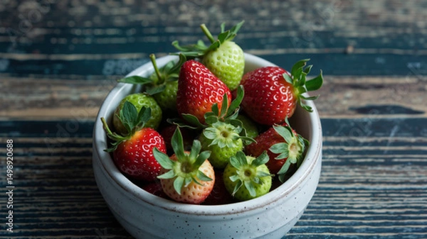 Obraz Fresh strawberries in a bowl on rustic wooden table for harvest  
