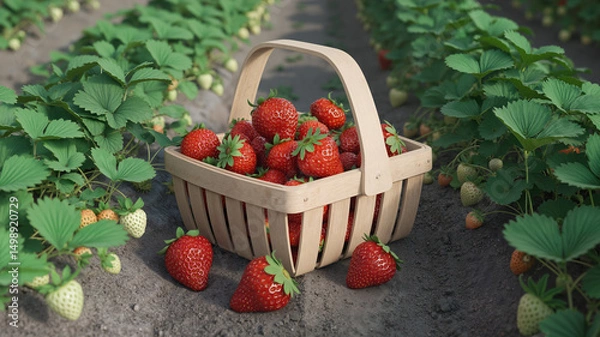 Obraz Wooden basket filled with fresh strawberries in a strawberry field  