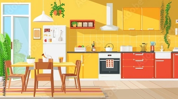 Fototapeta Cheerful kitchen dining area with modern red and yellow cabinetry and a dining table set for two.
