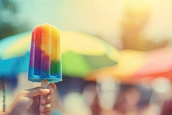 Fototapeta Colorful popsicle held against a summer scene.