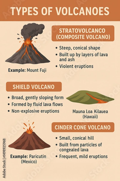 Obraz A scientific infographic illustrating the types of volcanoes that have erupted on Earth.
