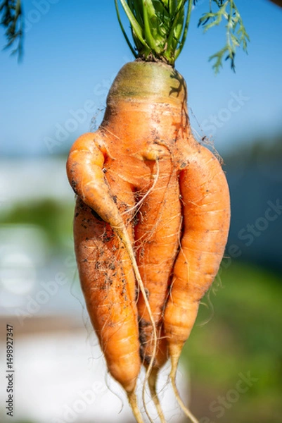 Fototapeta Large carrots grew in the garden. Carrots of unusual shape. Autumn. Harvesting. Vegetables.